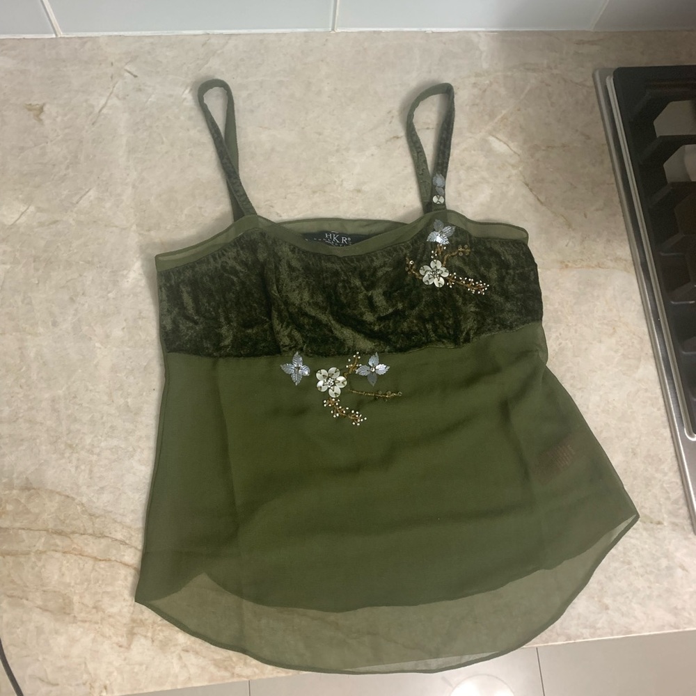 Green Velvet vintage Floral Embellished Top